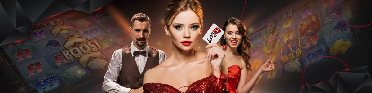 Le pack de bienvenue Lucky31, illustré par une joueuse qui tient sa carte Lucky31 entre un croupier et une amie