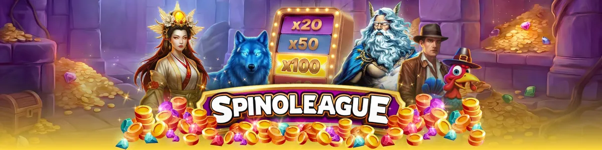 Personnages de machines à sous réunis autour du logo Spinoleague