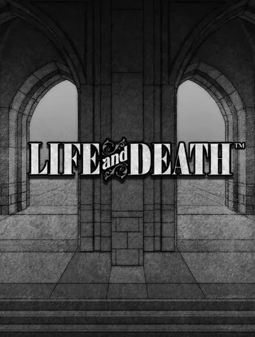 Un couloir gothique en noir et blanc encadre le titre de Life and Death, de Hacksaw Gaming