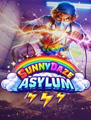 Sunnydaze Asylum de Pragmatic Play montre un savant masqué qui lance des éclairs au-dessus d'un arc-en-ciel
